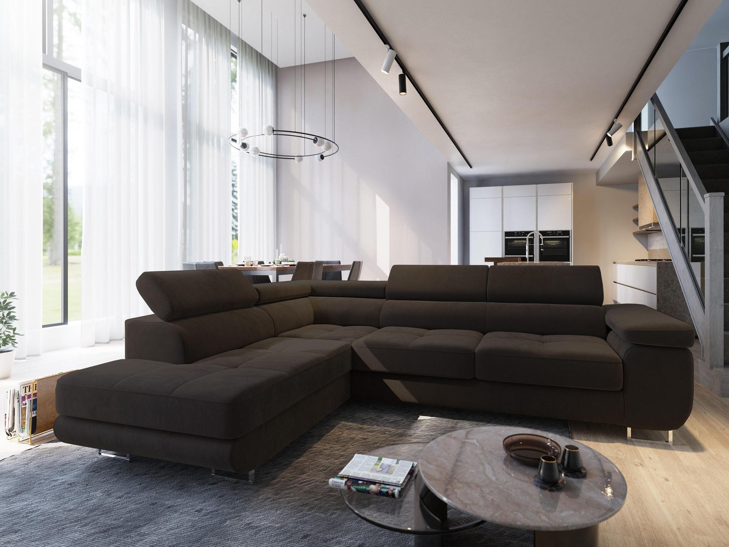 ECKSOFA SELVA L-S Braun Velours-Stoff mit Schlaffunktion - Braun, Holz (275/202cm) - MASSENO