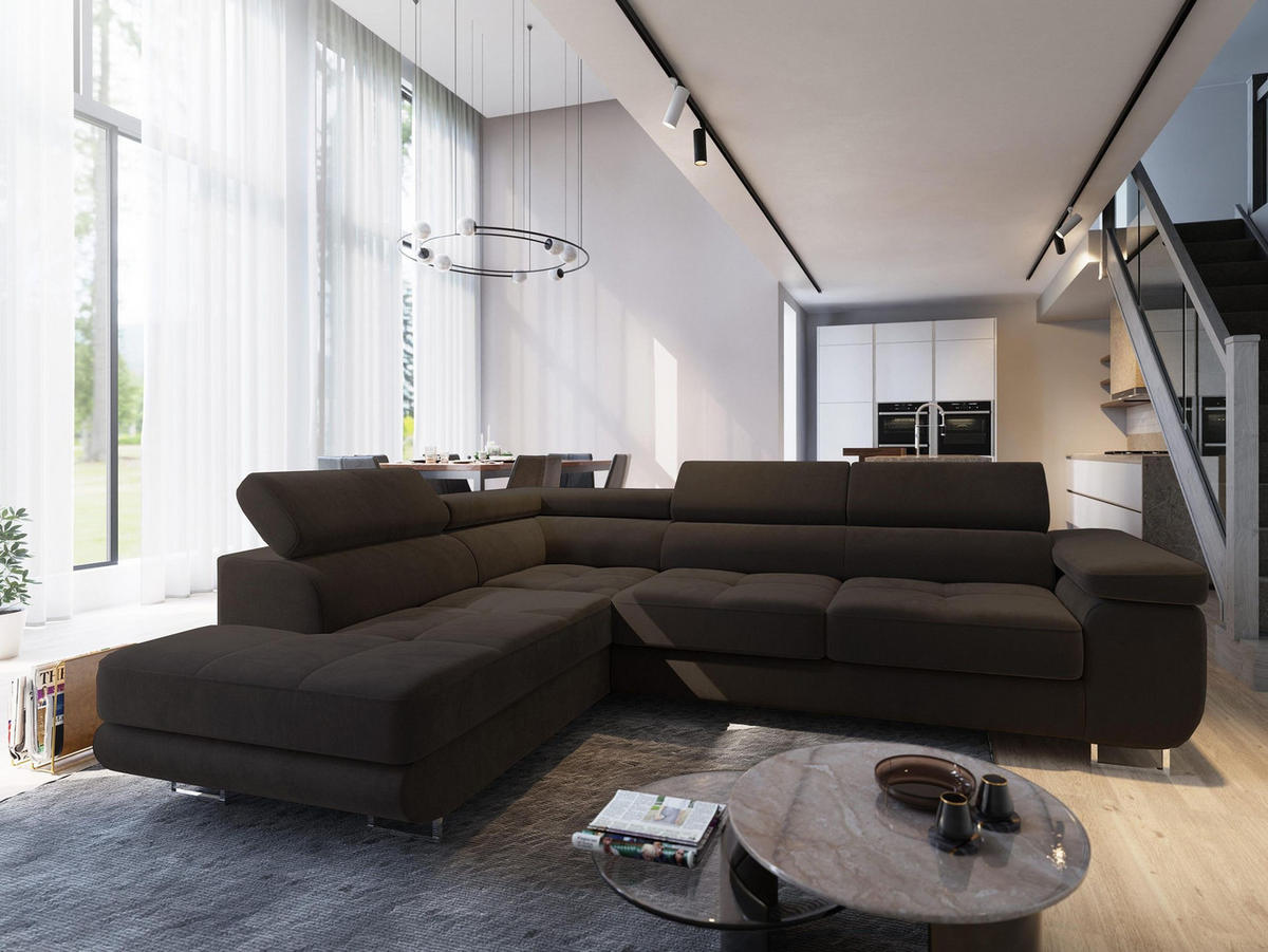 ECKSOFA SELVA L-S Braun Velours-Stoff mit Schlaffunktion - Braun, Holz (275/202cm) - MASSENO