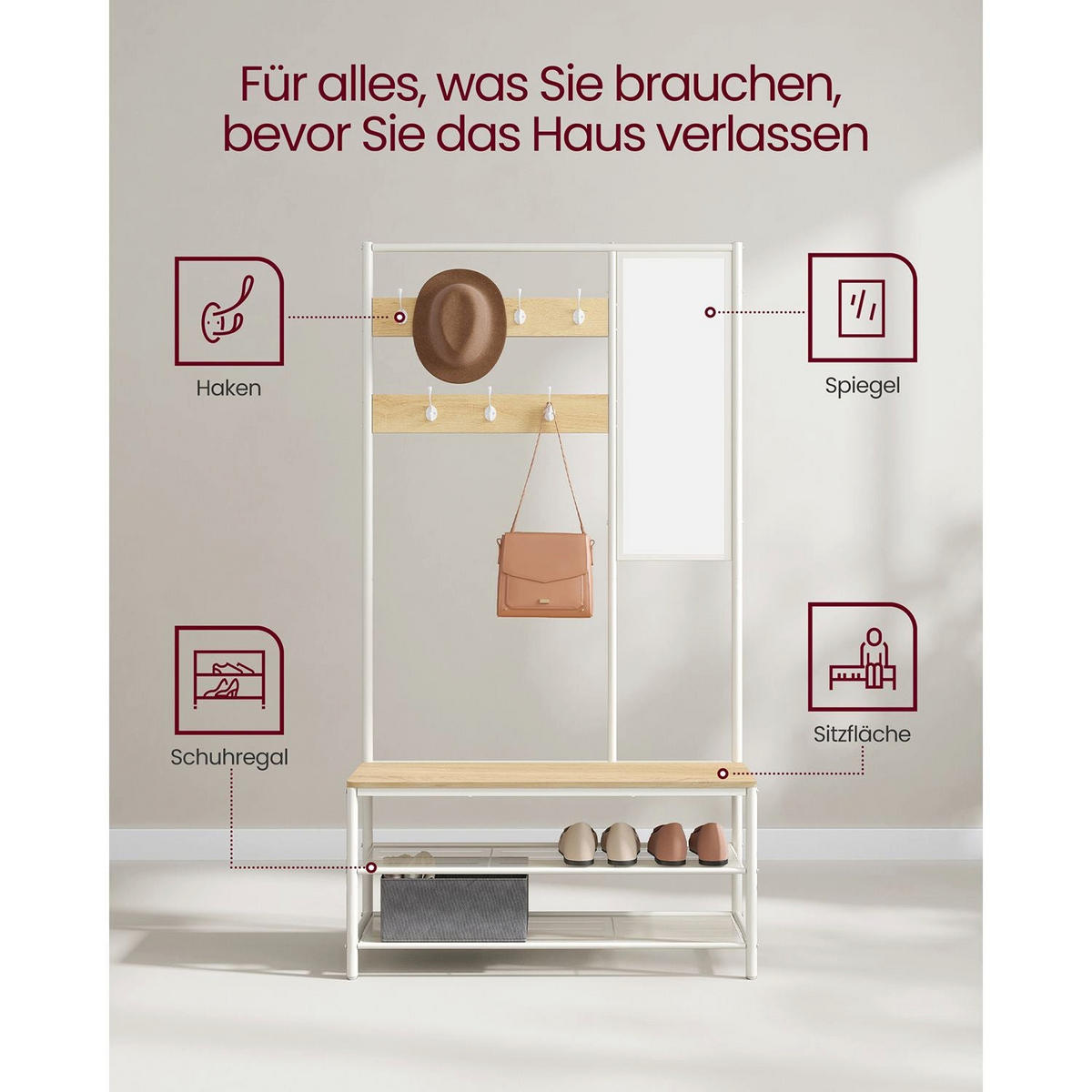 GARDEROBENSTÄNDER DUBLIN - Weiß, Holzwerkstoff (98/180/35cm) - Hansiro