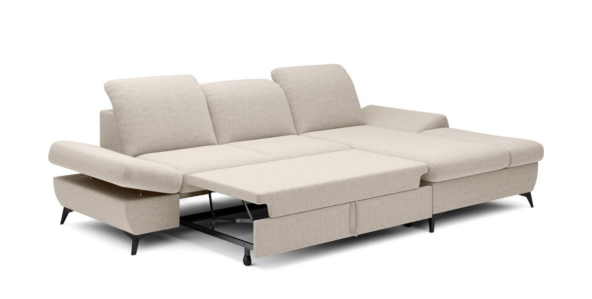 ECKSOFA FELICE R-S Creme Geflochtener Stoff mit Schlaffunktion - Creme, Holz (284/166cm) - MASSENO