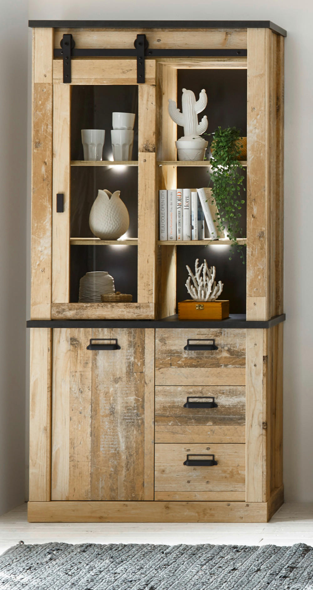 VITRINE Used Wood hell, anthrazit 93 x 201 cm, Vitrinenschrank mit Soft-Close - Anthrazit/Schwarz, Glas/Holzwerkstoff (93/201/38cm) - Furn.Design
