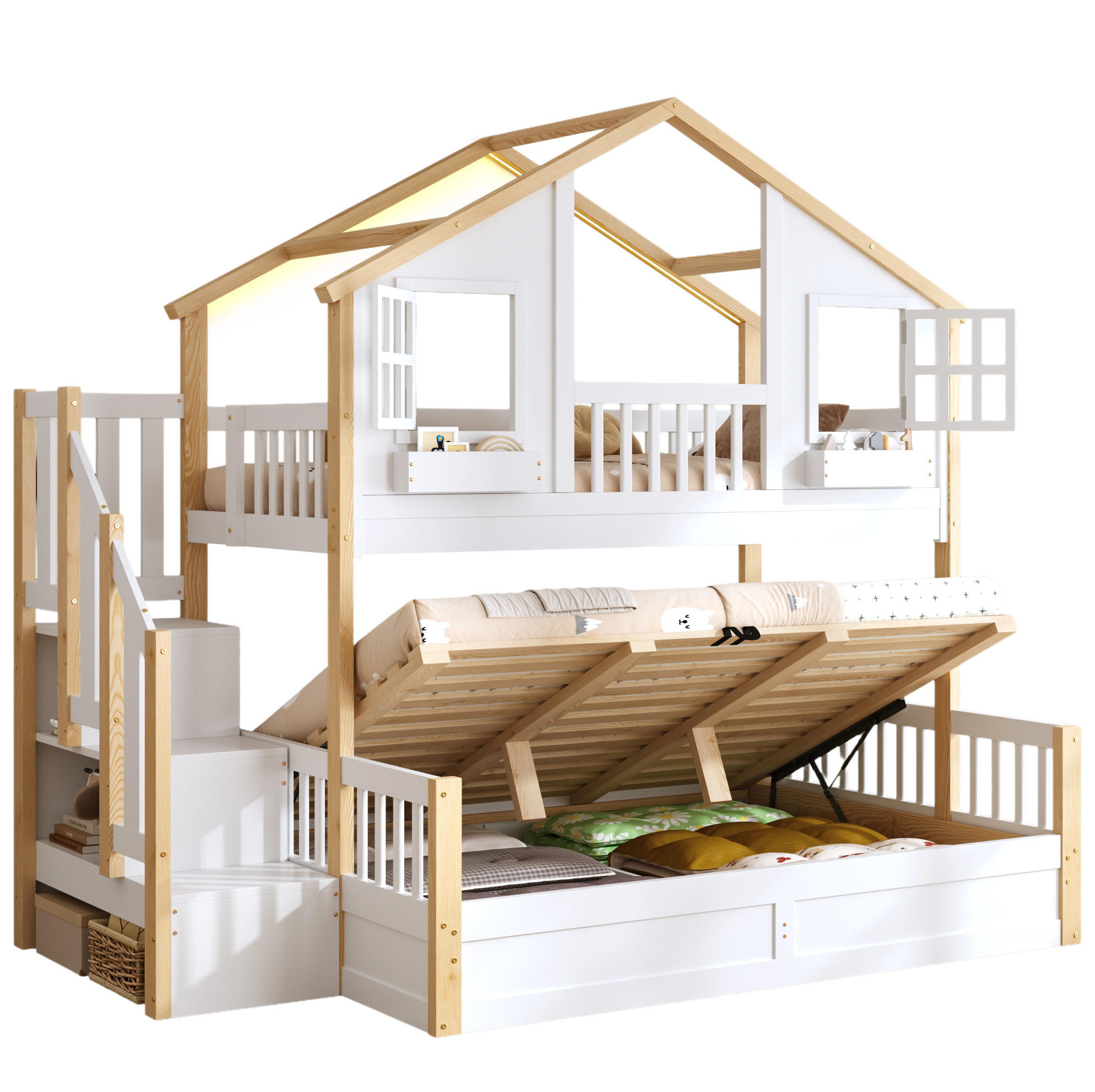 ETAGENBETT aus Kiefer 90x200+140x200 cm Weiß mit hydraulischem Unterbett, Stauraumtreppe und LED - Weiß, Holz (90/200cm) - Modfu