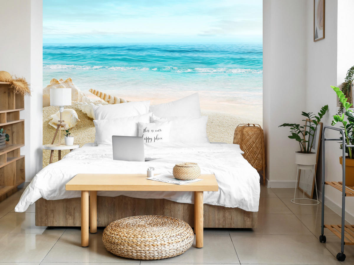 FOTOTAPETE für Badezimmer Muscheln Strand Sand Wellen Meer 150x105 - Beige/Weiß, Papier (150/105cm) - Muralo