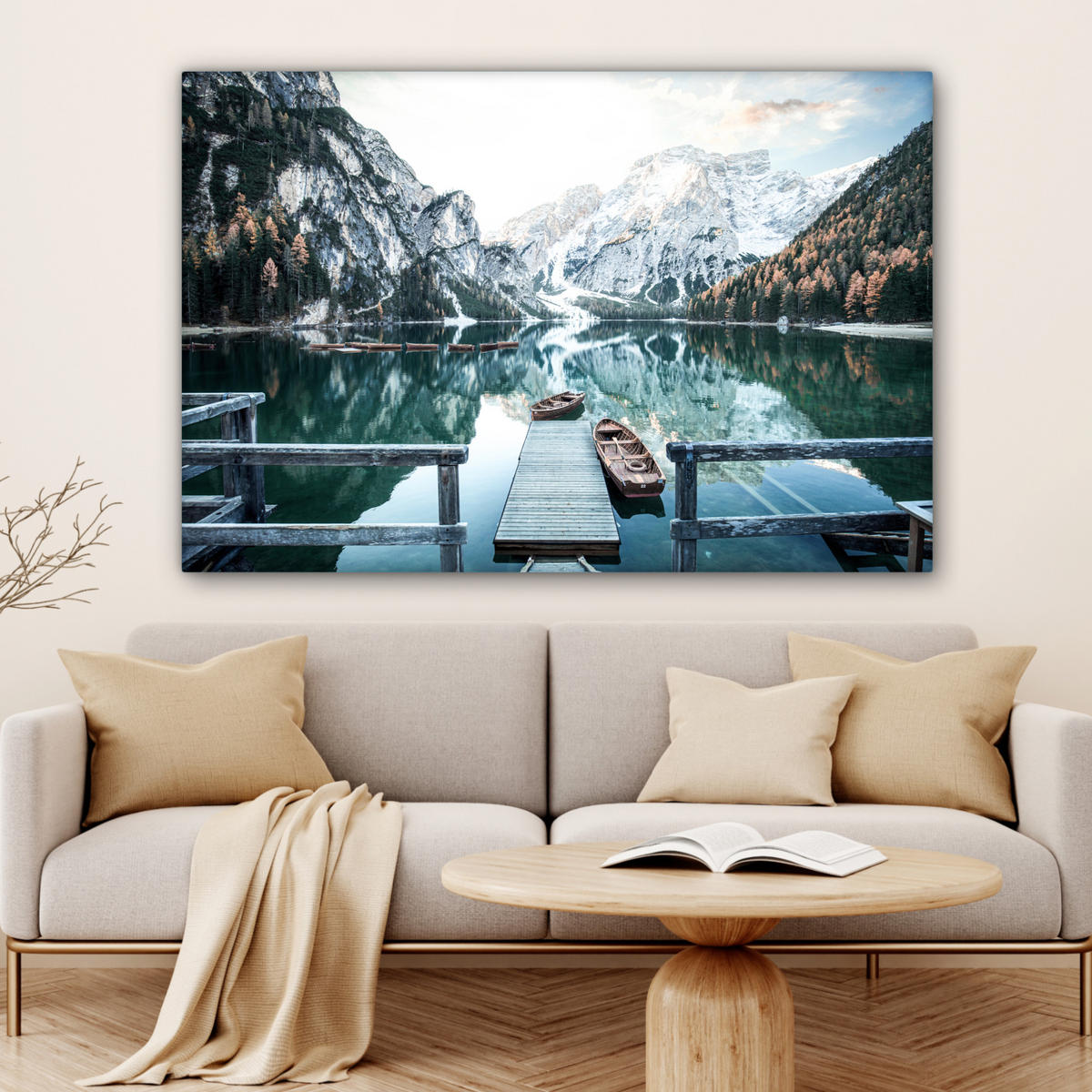 LEINWANDBILD Natur - Berge - Schnee - Wald - Boot 140x90 cm - Hellgrün, Textil (140/90cm) - MuchoWow