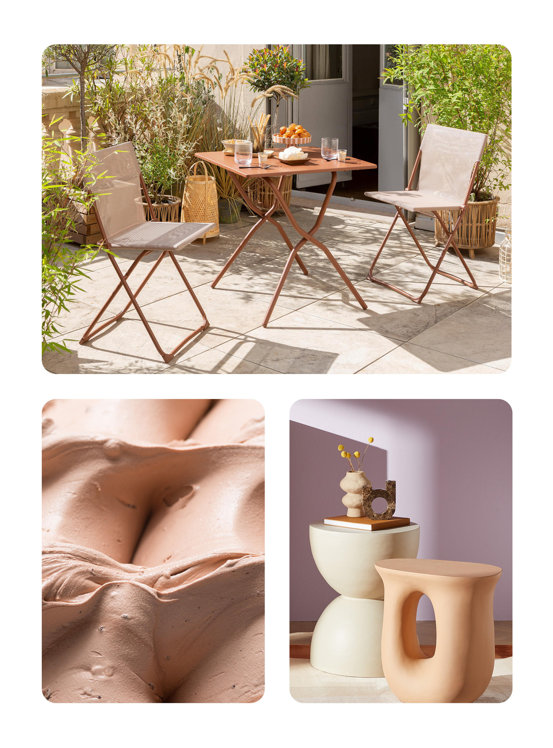 Eine Collage verschiedener Gartenmöbel, darunter Stühle, Tische und Liegen in unterschiedlichen Stilen und Farben.