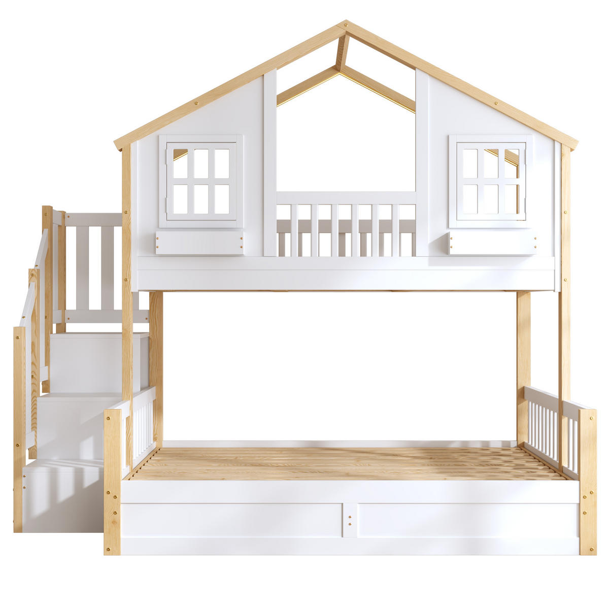 ETAGENBETT 90/200 cm und 140/200 cm Weiß + Naturholz mit LED-Beleuchtung, Treppe mit Stauraum und hydraulischen Staufächern - Weiß, Holz (90/200cm) - Oxeza