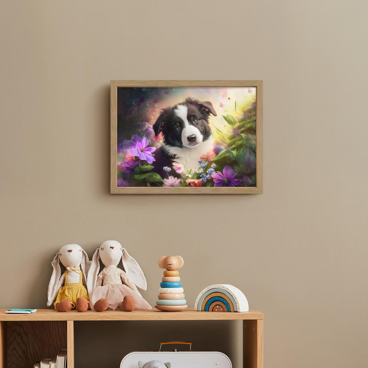 DOBÍJECÍ NOČNÍ LAMPIČKA Štěně - Slunce - Květiny - Příroda - Border kolie - Pes 40x30 cm - fialová, kompozitní dřevo (8/40/30cm) - OnlyWow