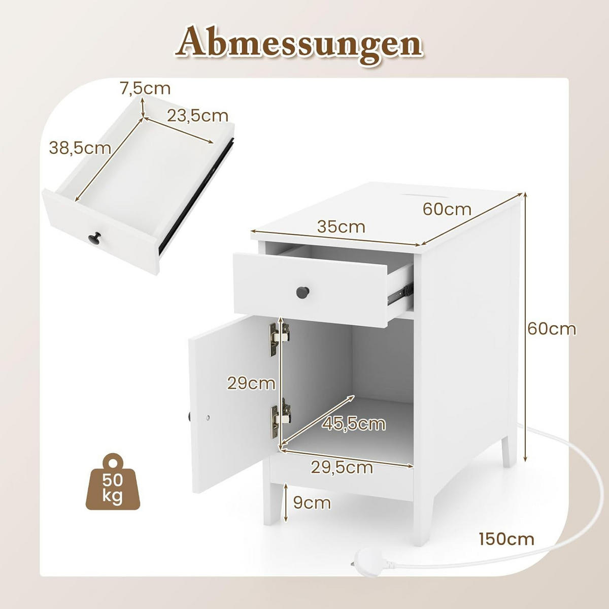 BEISTELLTISCH 60cm Weiß - Weiß, Holz (60/35/60cm) - COSTWAY