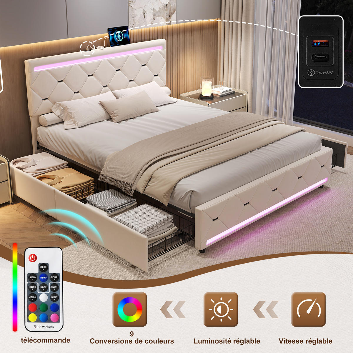 POLSTERBETT 140x200 cm LED USB 4 Schubladen Lattenrost cremeweiß - Weiß, Holz (140/200cm) - LEBENLANG