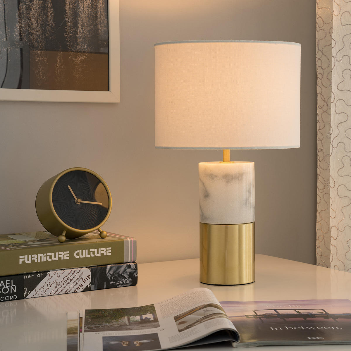 TISCHLEUCHTE - Leinen / Marmor, 1-flammig - Weiß, Stein (24/24/40cm) - home24