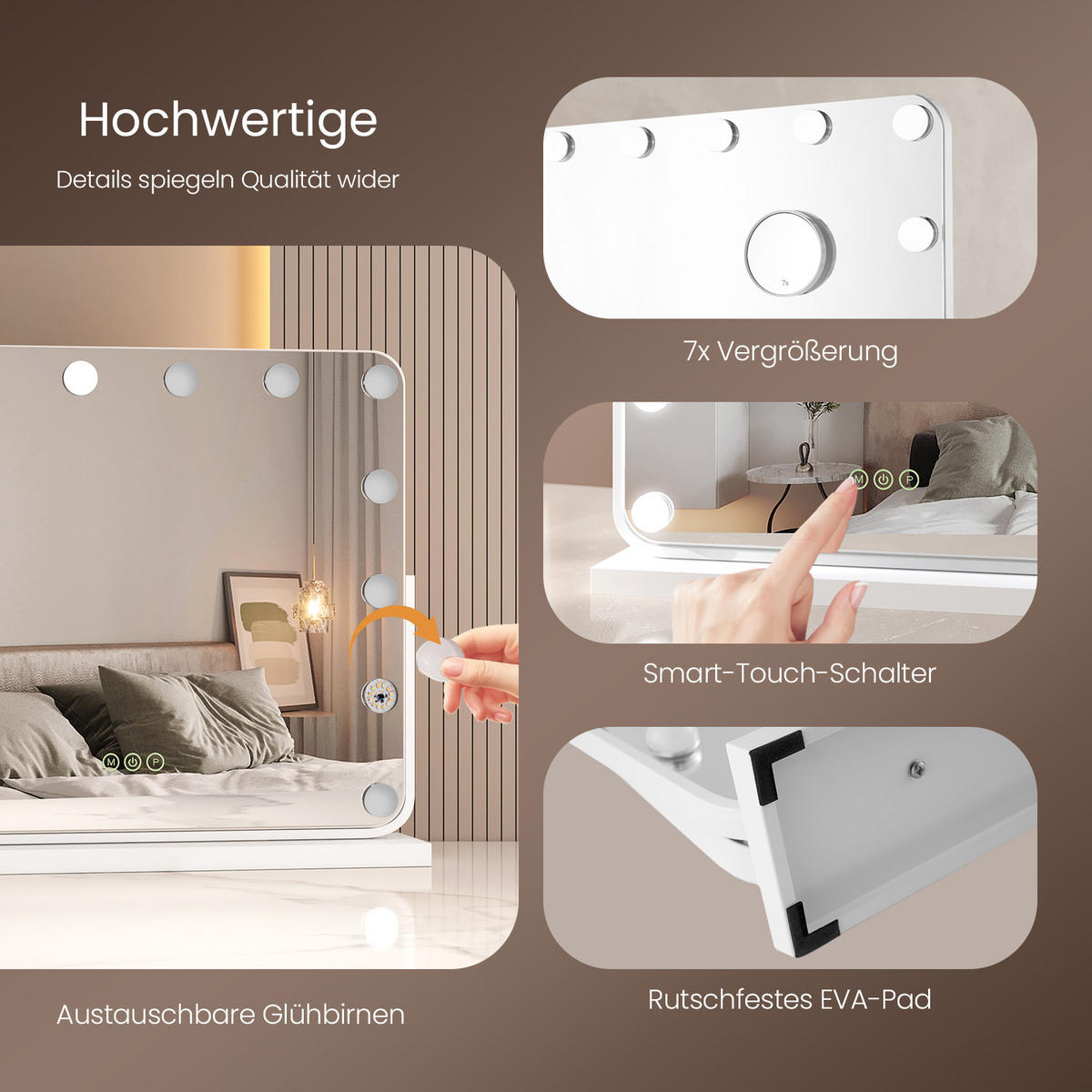 SCHMINKSPIEGEL LED inkl. 7-fach Vergrößerungsspiegel Weiß 50/42 cm - Weiß, Glas (42/12/50cm) - EMKE