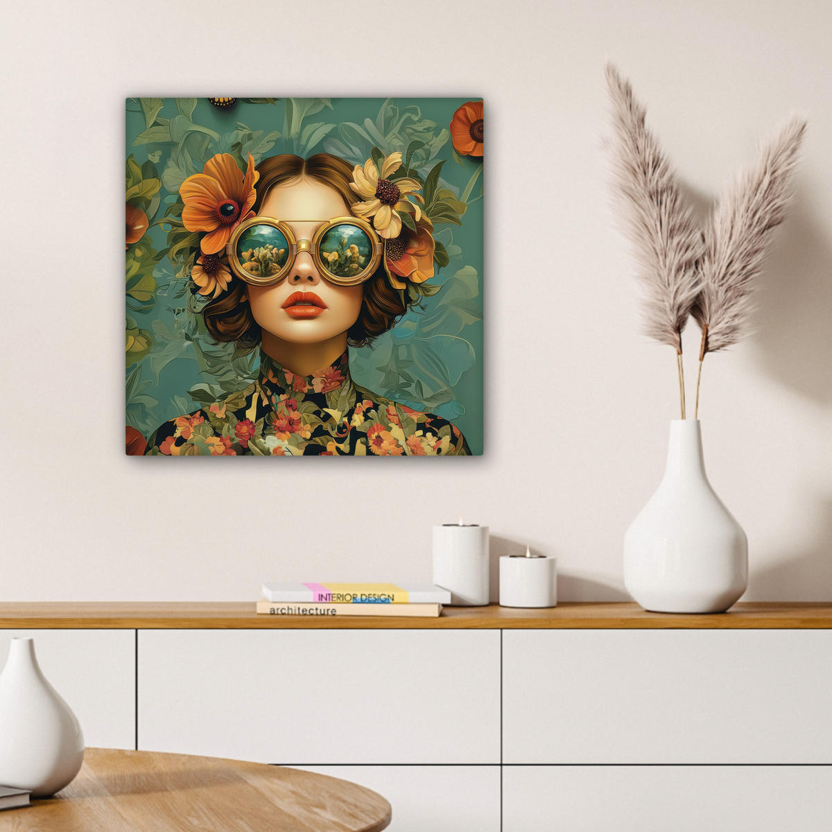 LEINWANDBILD Frau - Blumen - Schmetterlinge - Natur - Vintage Wandbild Wohnzimmer 50x50 cm - Salbeigrün, Textil (50/50cm) - MuchoWow