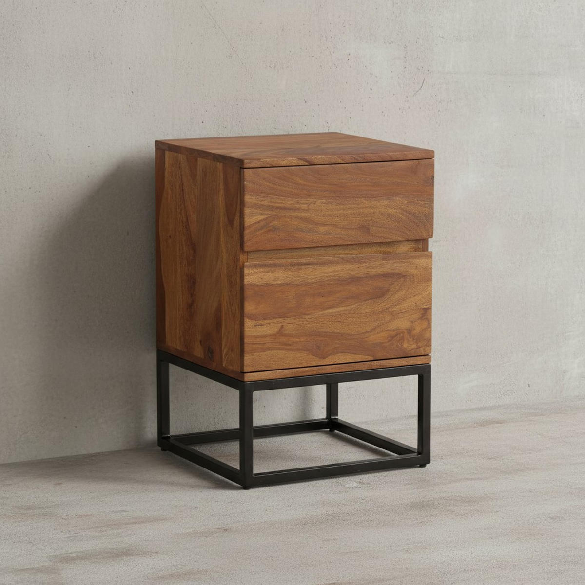 NACHTTISCH – Massivholz/Metall, 40x38x60 cm, 2 Schubladen, Industrial-Stil - Sheeshamfarben/Schwarz, Holz/Metall (40/60/38cm) - KADIMA DESIGN