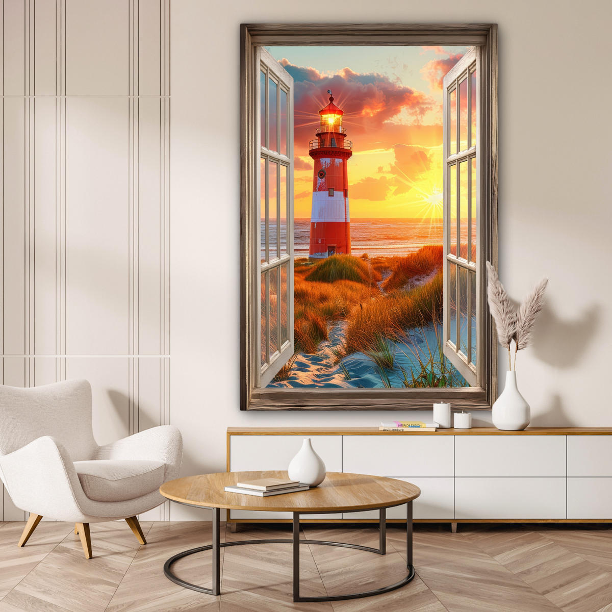 LEINWANDBILD Aussicht - Fenster - Leuchtturm - Sonnenuntergang - Strand 90x140 cm - Dunkelorange, Textil (90/140cm) - MuchoWow