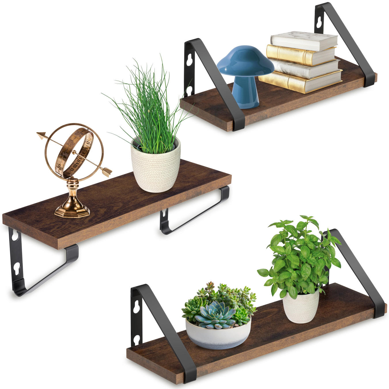 WANDREGAL 3er Set Cowell,Höhe 12 cm, Industrial Holz dunkel, rustikal - Rostfarben, Holzwerkstoff (12/12/40cm) - tectake