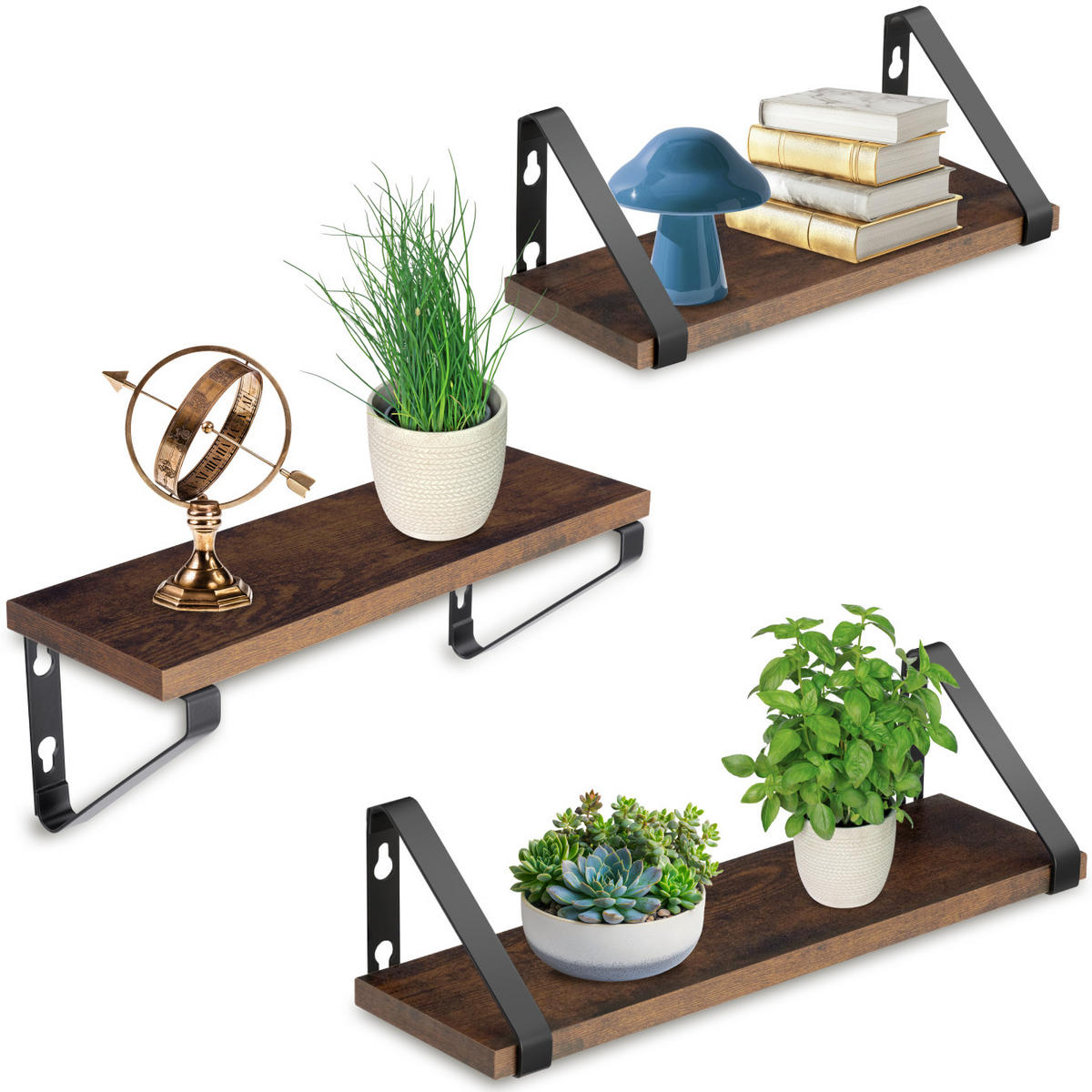 WANDREGAL 3er Set Cowell,Höhe 12 cm, Industrial Holz dunkel, rustikal - Rostfarben, Holzwerkstoff (12/12/40cm) - tectake