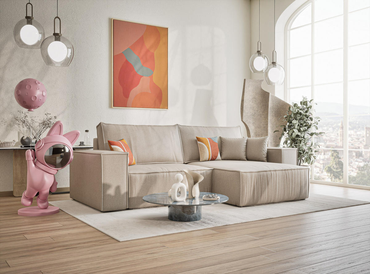 ECKSOFA MIT SCHLAFFUNKTION Zaya Beige Webstoff - Beige/Schwarz, Holz/Holzwerkstoff (255/148cm) - Maison de Reve