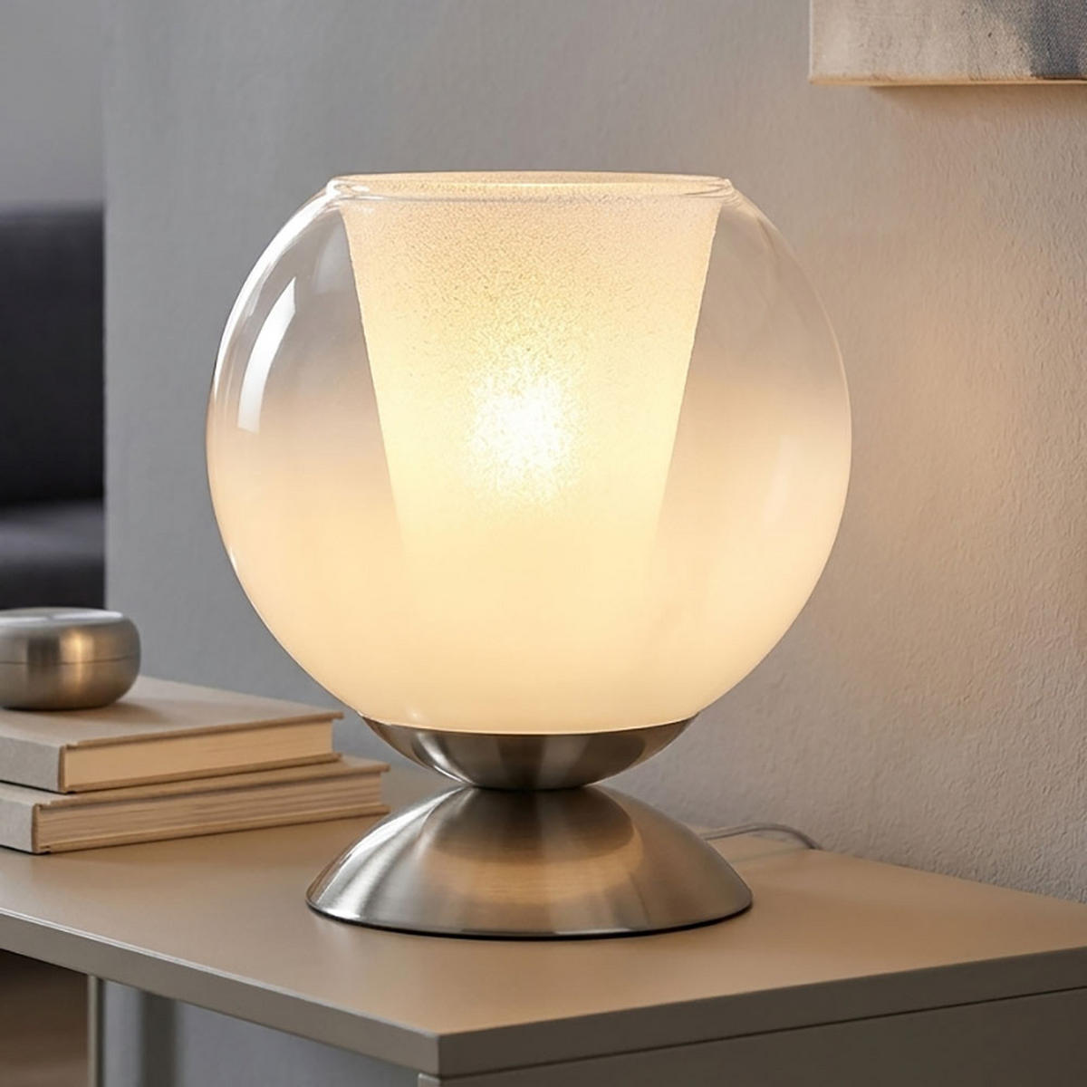 LED TISCHLEUCHTE BARRY Metall, Glas, Silber, E27, Lesefunktion - Silberfarben, Glas (18/18/19cm) - Globo Lighting