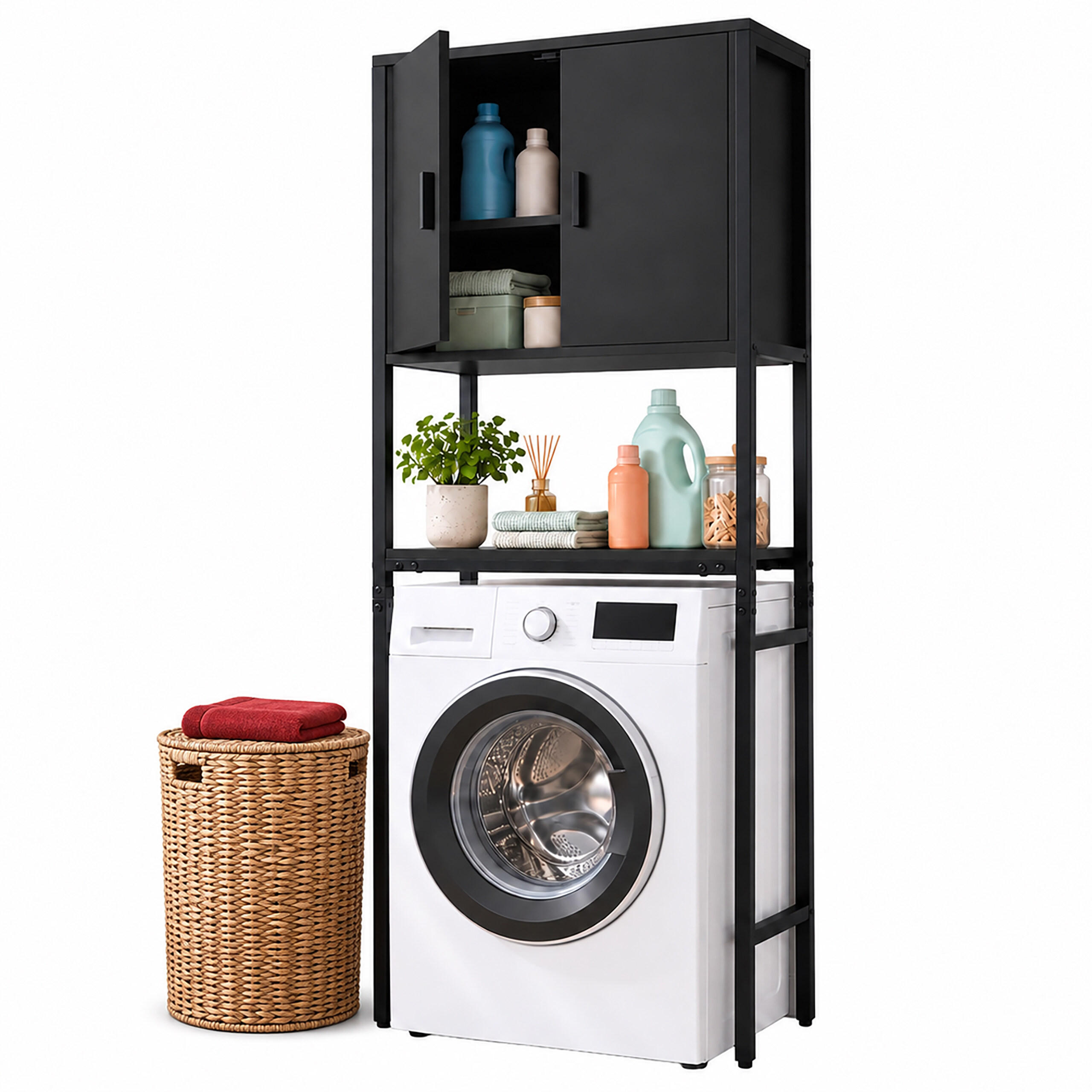 WASCHMASCHINENSCHRANK Schwarz Metall - Schwarz, Holzwerkstoff/Metall (64/170/27cm) - Relaxdays