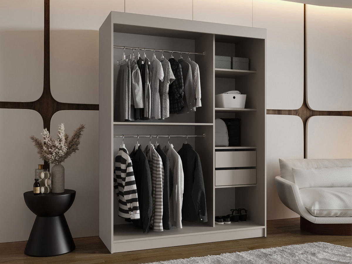 SCHWEBETÜRENSCHRANK Bahrajn 150 mit Schubladen - Kaschmir/Silberfarben, Holzwerkstoff/Kunststoff (150/200/62cm) - MIRJAN24