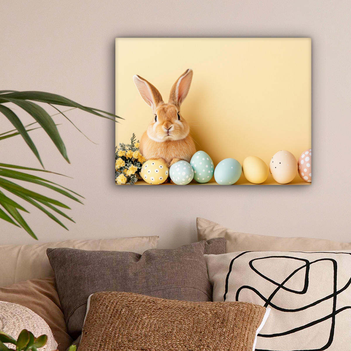 LEINWANDBILD Eier - Kaninchen - Pastellfarbtöne Wandbild 40x30 cm - Hellgelb, Textil (40/30cm) - MuchoWow