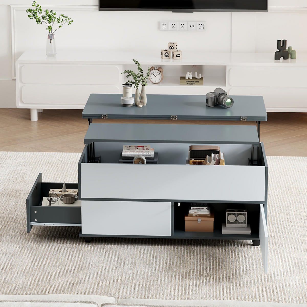 COUCHTISCH 100x98cm Höhenverstellbar Rollen Schubladen Esstisch Grau-Weiß - Grau, Holz (111.76/59.06/14.99cm) - FLIEKS