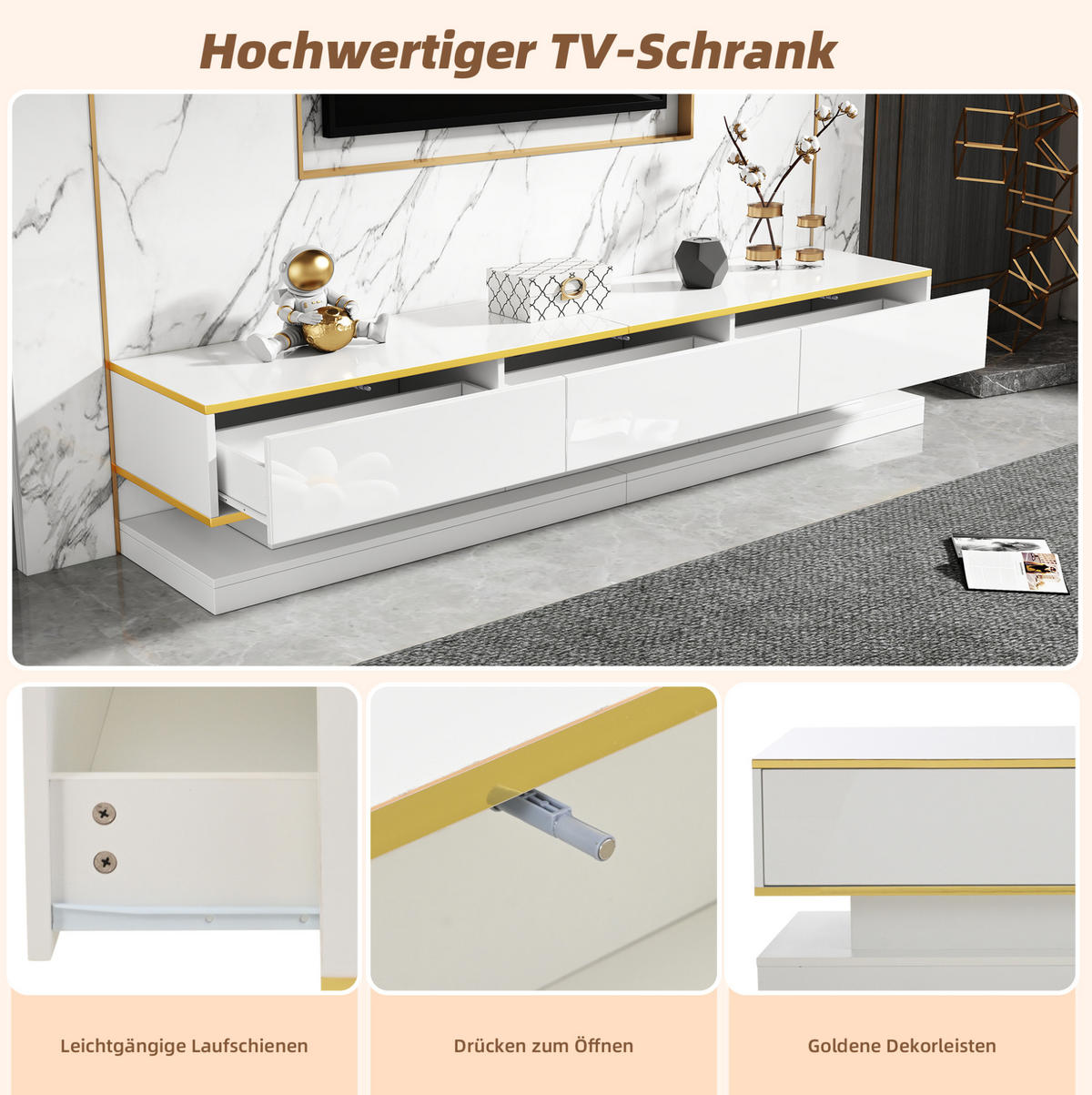 TV-LOWBOARD 200/40/40 cm mit 3 Schubladen & Push-to-Open - Weiß, Holzwerkstoff (200/40/40cm) - BEAOK