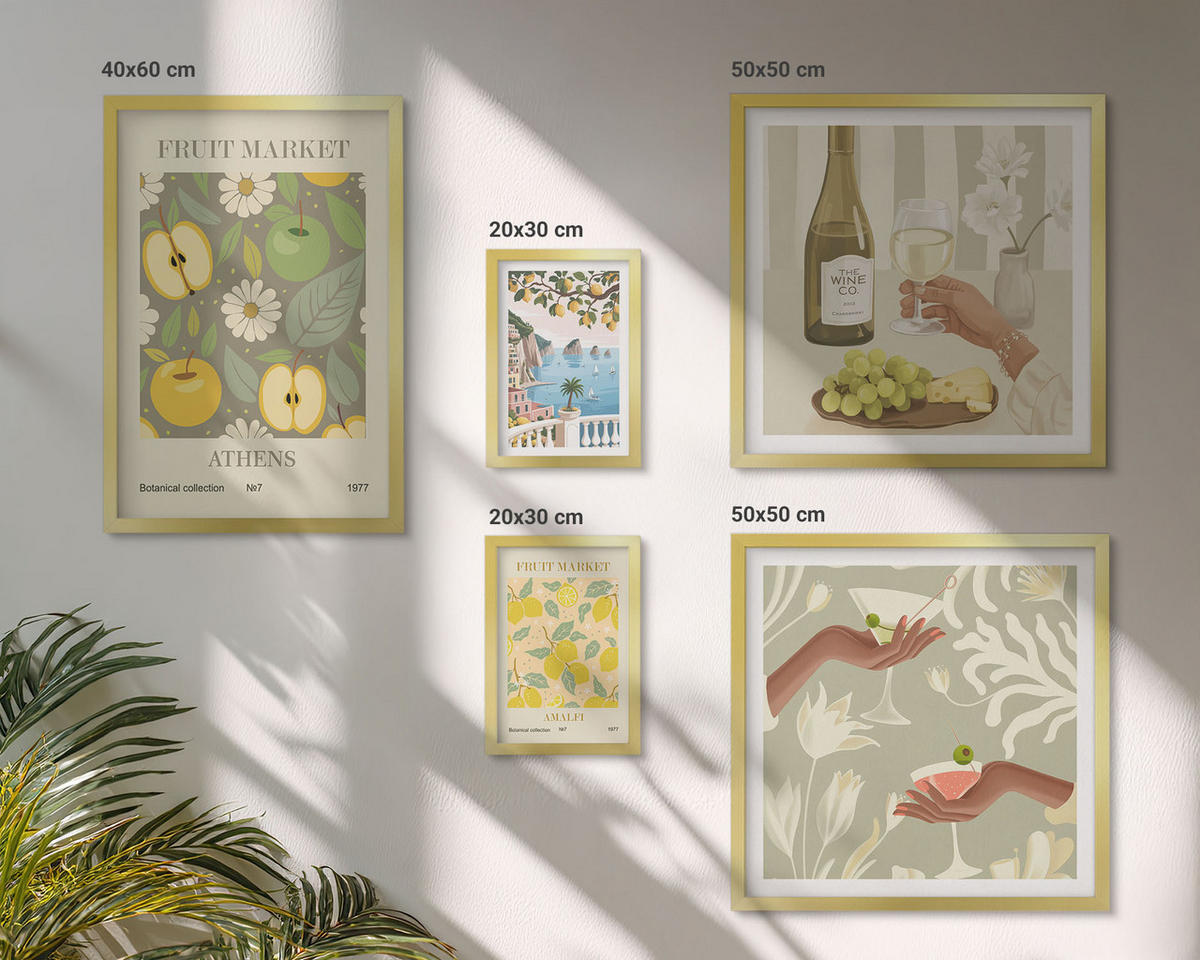 BILDER SET 5er Set - 50x50 cm & 20x30 cm & 40x60 cm Goldrahmen - Vintage-Poster mit Fruchtmustern - Goldfarben, Kunststoff (40/60cm) - TULUP