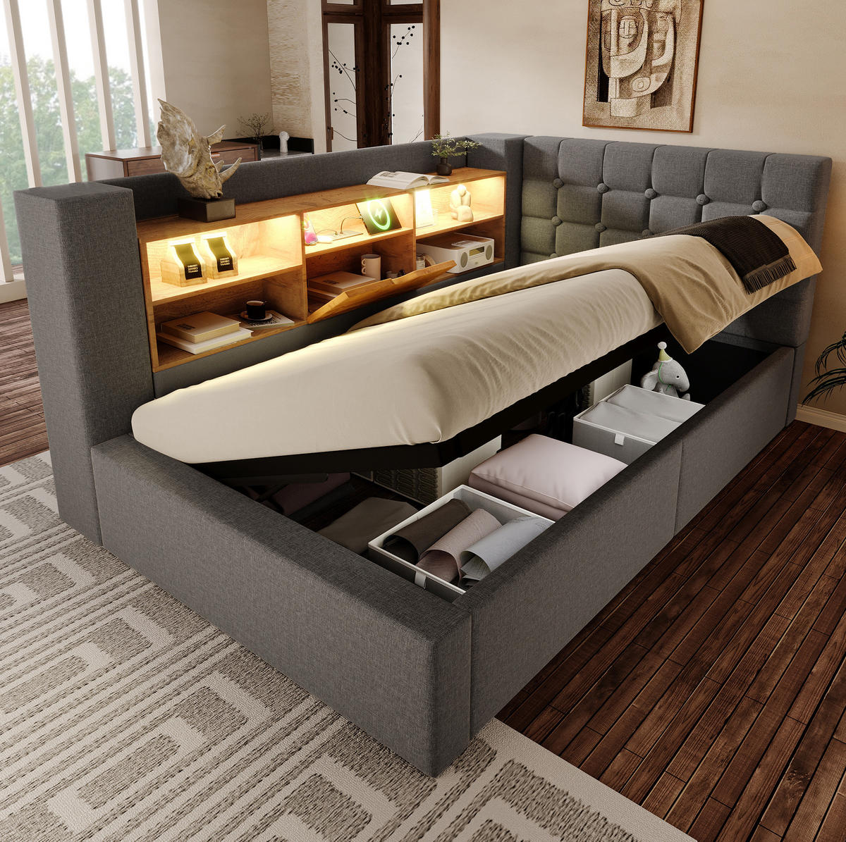 POLSTERBETT 90/200 cm mit LED-Beleuchtung, Bettkasten und L-Kopfteil - Grau, Textil (90/200cm) - BEAOK