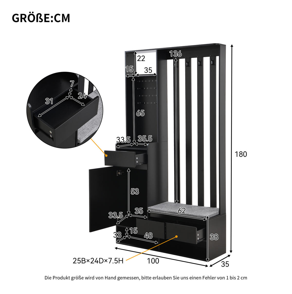 FLURGARDEROBE 100/35/180 cm aus MDF mit Sitzbank und Stecktafel Schwarz - Schwarz, Holzwerkstoff (100/180/35cm) - Modenvie