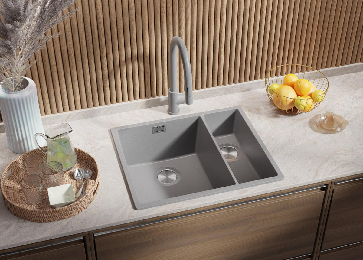 GRANITSPÜLE London Slim Duo, 2-er set Grau 56/47 cm 1,5 Becken + Küchenarmatur 38/14 cm + Ablauf-Set ab 60er Unterschrank - Chromfarben/Grau, Kunststoff (56/20/47cm) - Primagran