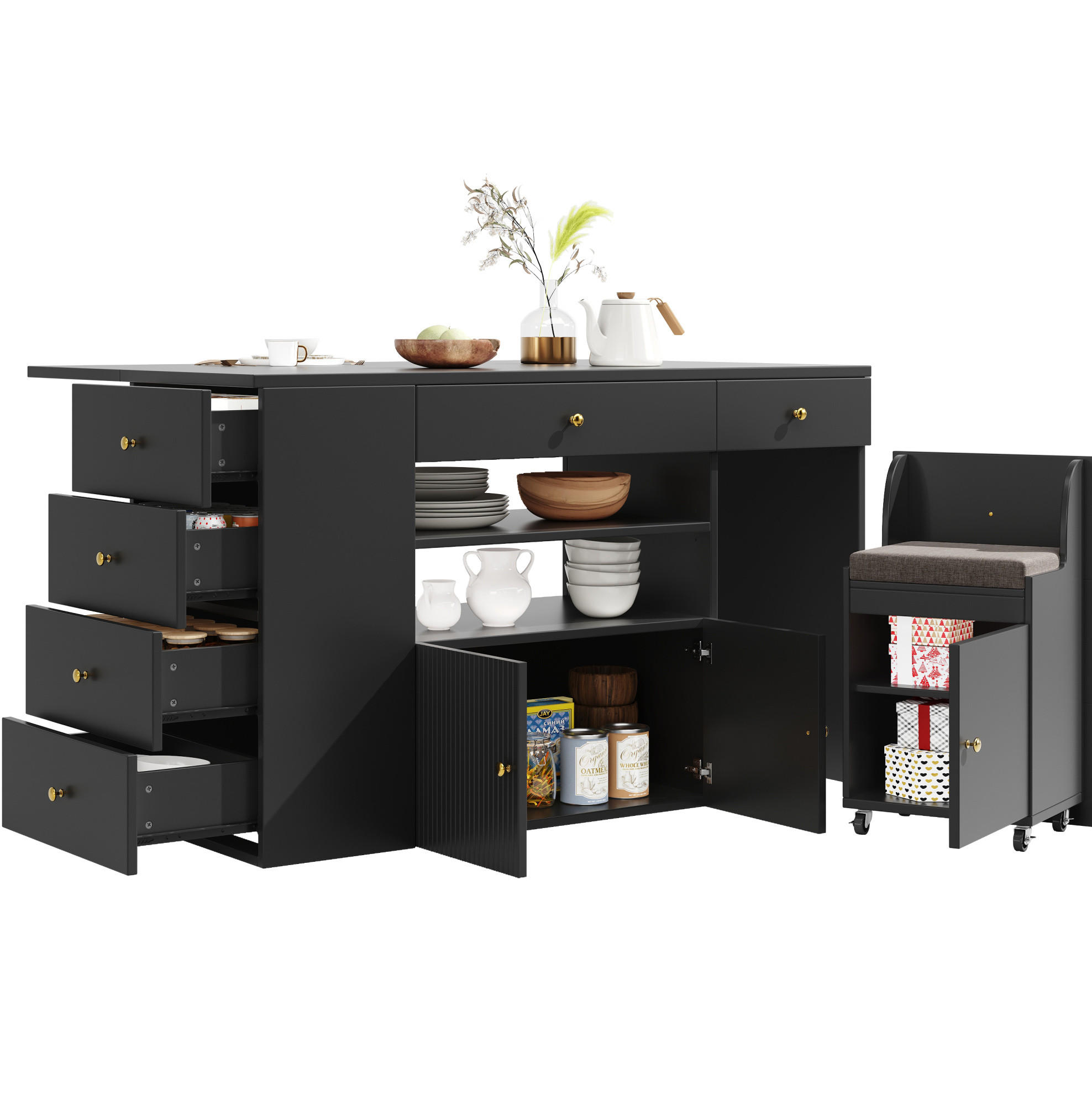 KÜCHENINSEL aus MDF mit 6 Schubladen & Hocker, 140/40(70)/89 cm, Schwarz - Schwarz, Holzwerkstoff (40/89/140cm) - Redom