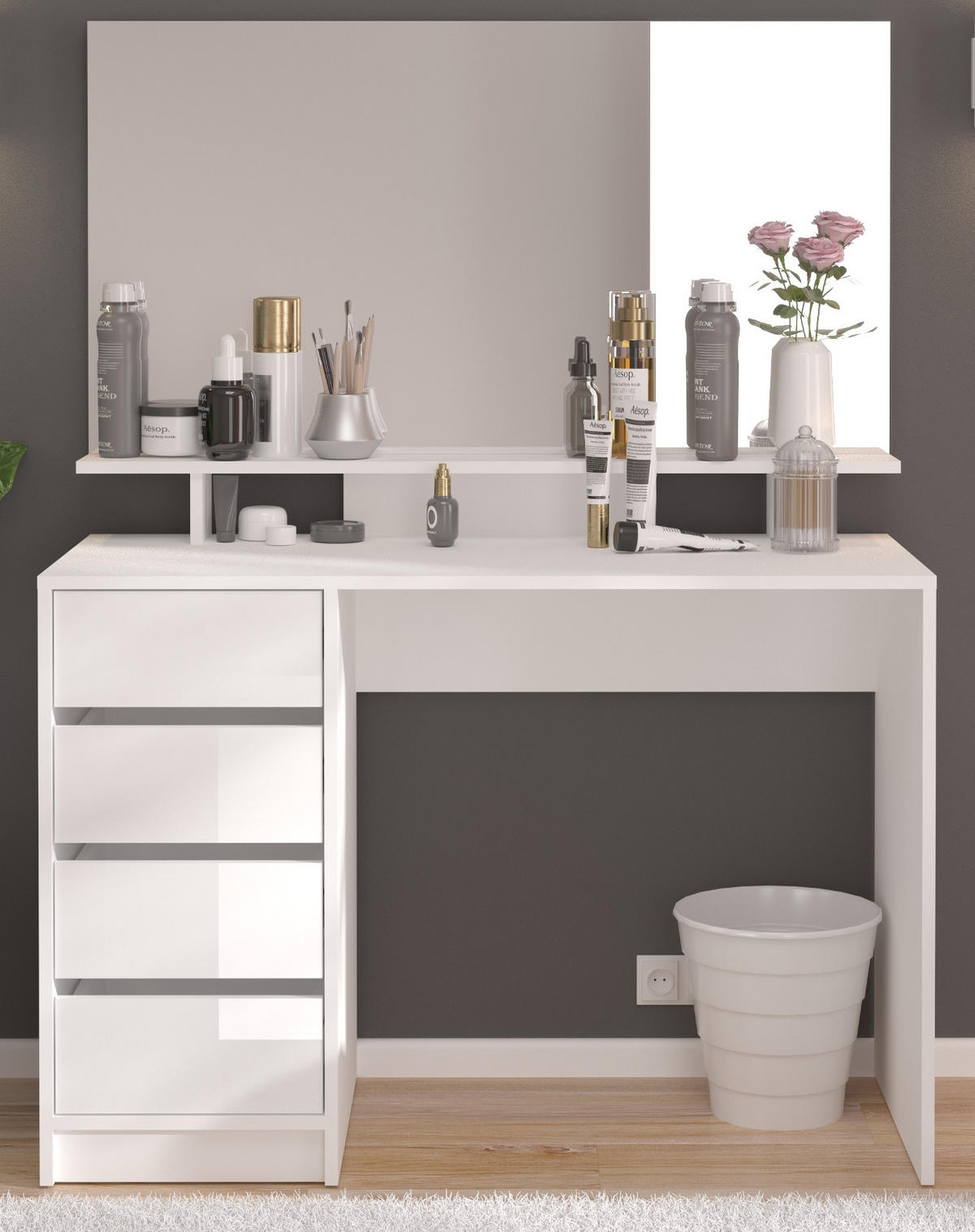 SCHMINKTISCH weiß Hochglanz 110 cm, Kosmetiktisch mit Schubladen und Spiegel - Weiß, Holzwerkstoff (110/145/48cm) - Inn.Furn