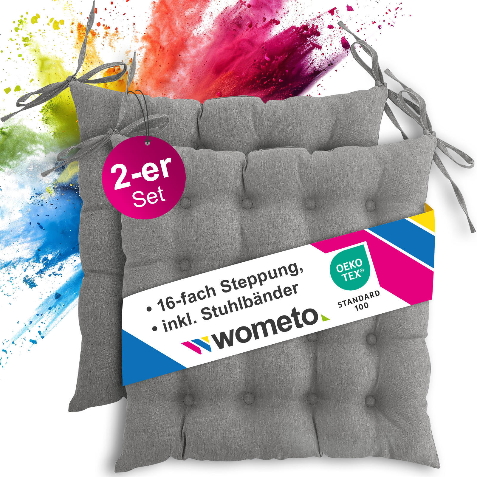 SITZKISSEN 2er Set 16-Punkt grau 40/40 cm mit Steppung und Halte-Bändern - Grau, Textil (40/40/4cm) - wometo