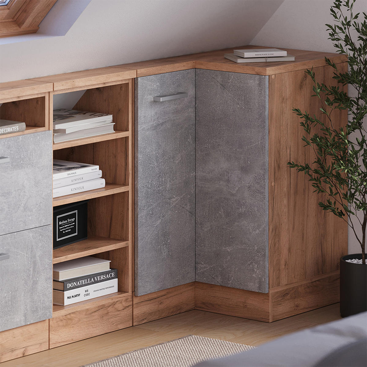 DACHSCHRÄGENSCHRANK ECKSCHRANK Rion Beton/Goldkraft Eiche 75.6 x 81.6 cm mit 1 Tür - Honigeiche/Grau, Holzwerkstoff (75.6/81.6/75.6cm) - Vicco