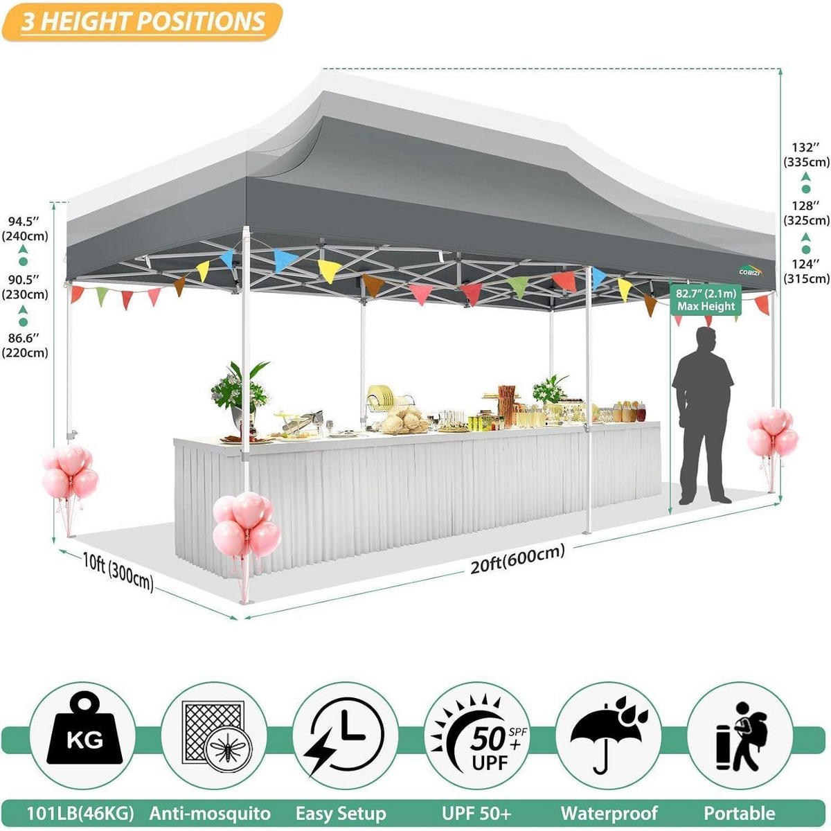 FALTPAVILLON 3x6m grau mit 6 Mesh-Seitenwänden - Grau, Textil (300/336/600cm)