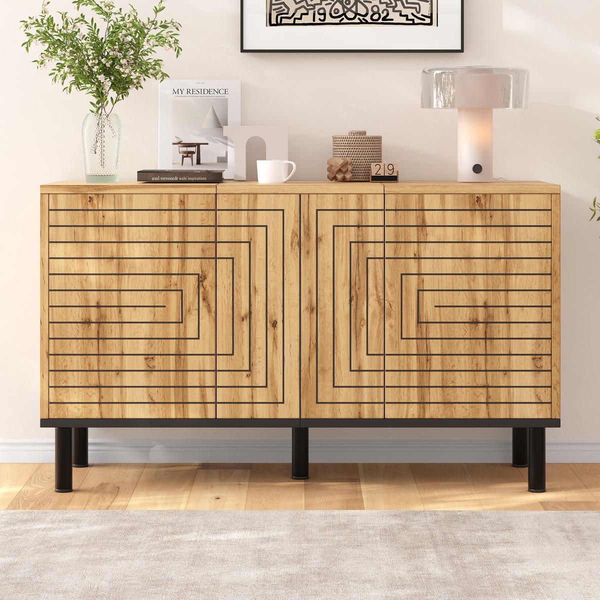 SIDEBOARD in Naturfarben mit 3 Türen für Esszimmer und Wohnzimmer, B120/T35/H68 cm - Schwarz/Naturfarben, Holzwerkstoff (120/68/35cm) - STILVORA