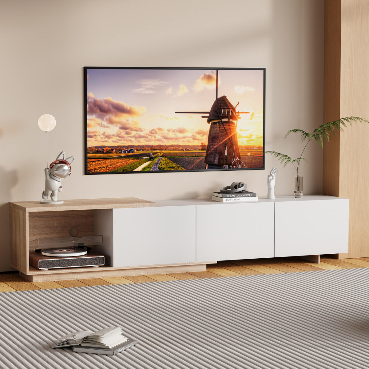 TV-SCHRANK 163–240 cm Ausziehbar LED-Licht Schubladen Stauraum Weiß-Holzoptik - Weiß, Holzwerkstoff (38/44/240cm) - SHOPENTRA