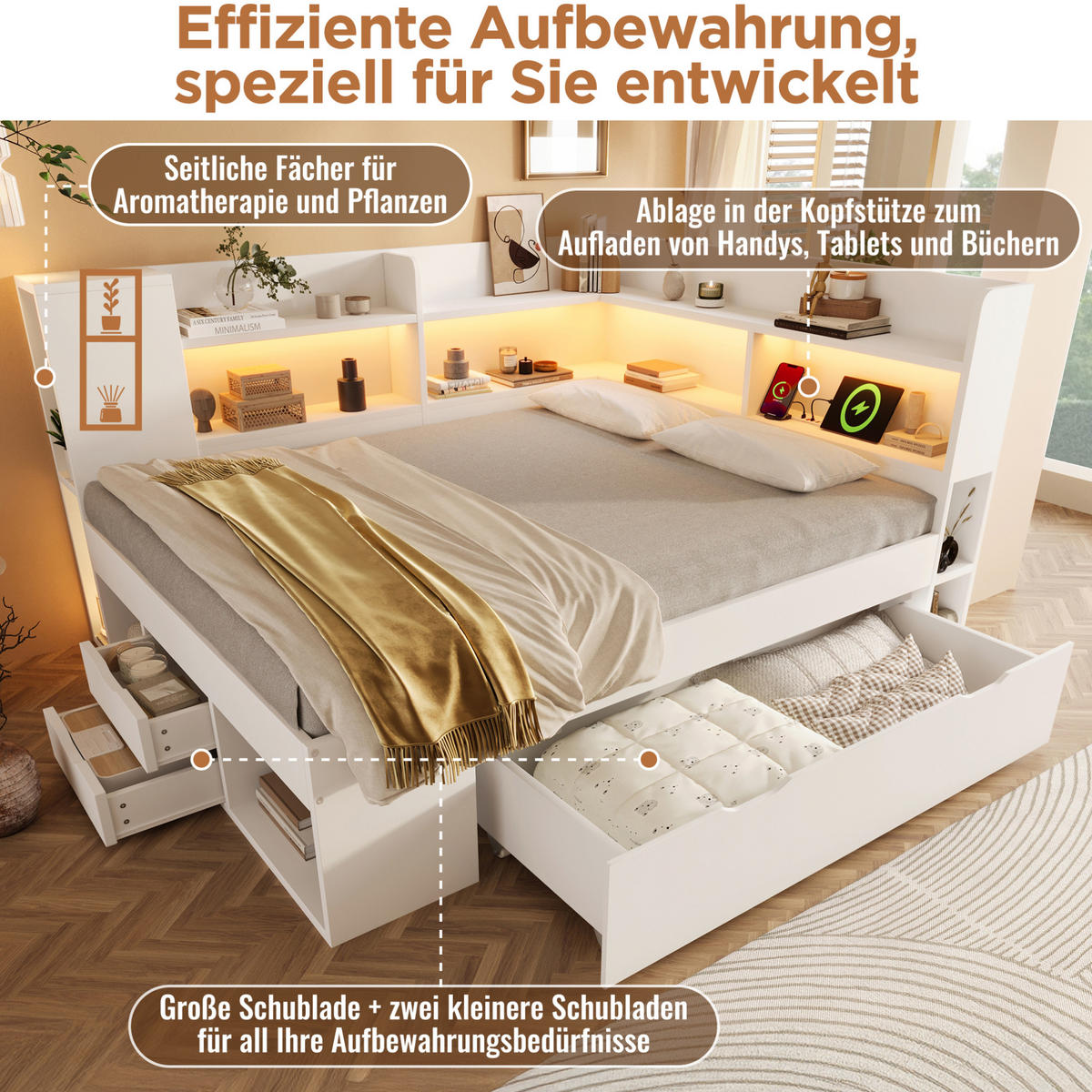 DENNÁ posteľ 140/200 cm biela s LED osvetlením úložným priestorom a USB nabíjaním z MDF a drevotriesky - biela, textil (140/200cm) - OKWISH