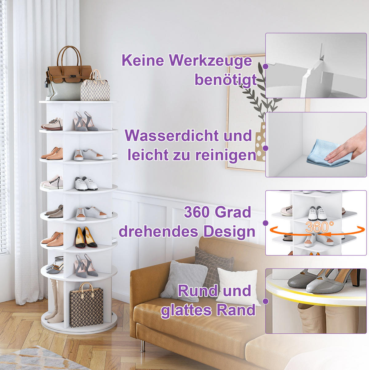 SCHUHREGAL aus PVC 60x60x184 cm Weiß mit 360°-Drehfunktion, 7 Ebenen und Platz für bis zu 28 Paar Schuhe - Weiß, Holzwerkstoff (60/184/60cm) - Modfu