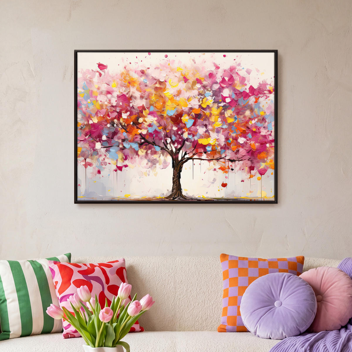 LEINWAND Bilder mit Rahmen - Aquarell - Baum - Kunst - Abstrakt - 70x50 - Multicolor, Textil (70/50cm) - MuchoWow