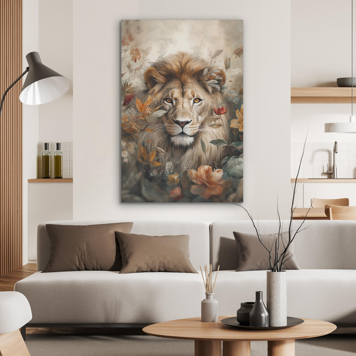 AKUSTIKBILD Löwe - Wildtiere - Pflanzen - Natur - Blumen Wanddeko 60x90 cm - Beige, Kunststoff (60/90/0.9cm) - MuchoWow