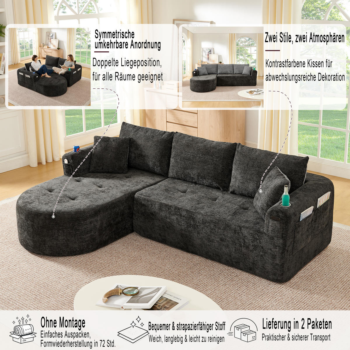 ECKSOFA 255/171/64 cm Schwarz Leinen mit 2 Getränkehalter - Schwarz, Textil (255/171cm) - Oxeza