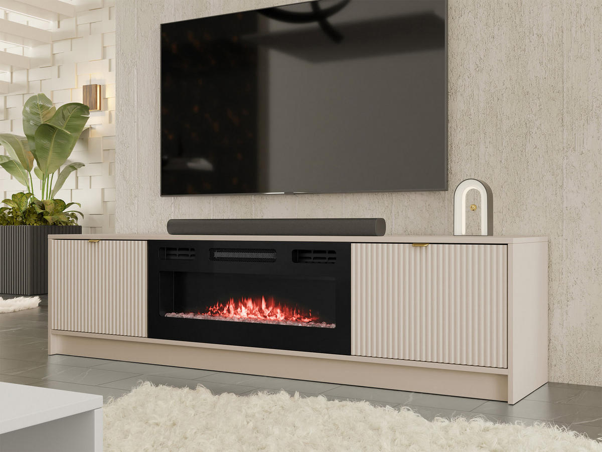 TV-LOWBOARD Tireno EF mit Elektrische Kamin - Sandfarben/Goldfarben, Holzwerkstoff/Metall (182/48/40cm) - MIRJAN24