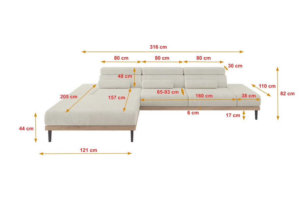 ELEKTRISCHES ECKSOFA Links MONA 316x205x85 Creme Cord - Ecru/Creme, Holzwerkstoff/Textil (316/205cm) - ALTDECOR