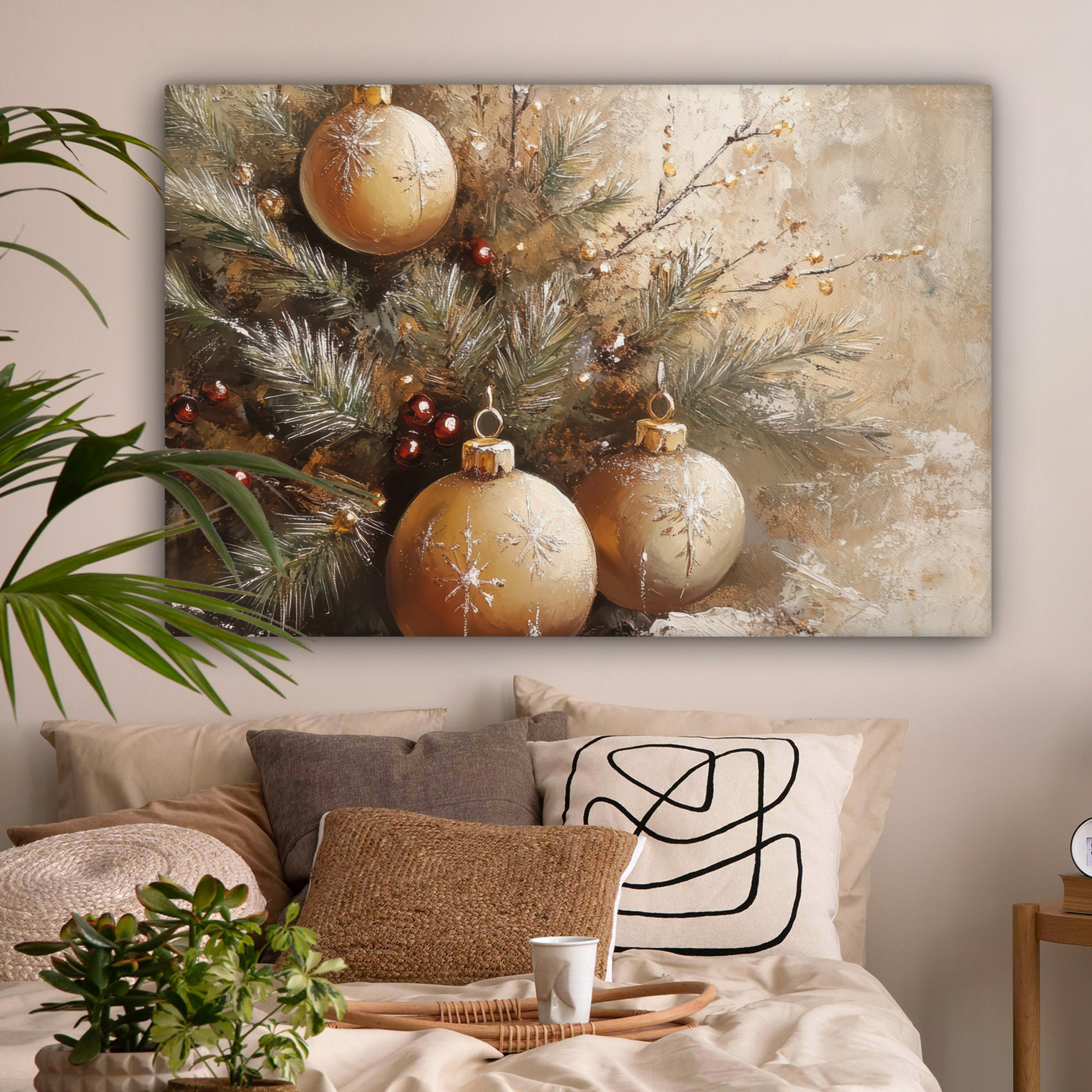 LEINWANDBILD Weihnachten - Kugeln - Beige - Gold Groß 140x90 cm - Goldfarben, Textil (140/90cm) - MuchoWow