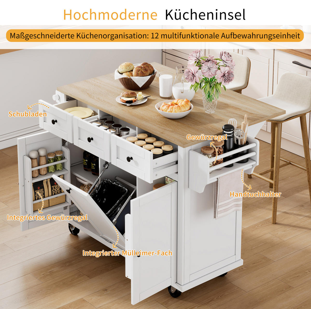 KÜCHENINSEL 112/46,2-76,2/92,7 cm aus MDF mit ausziehbarer Arbeitsplatte, Abfallfach und Rollen, Weiß/Natur - Weiß, Holzwerkstoff (112/92.7/76.2cm) - Redom
