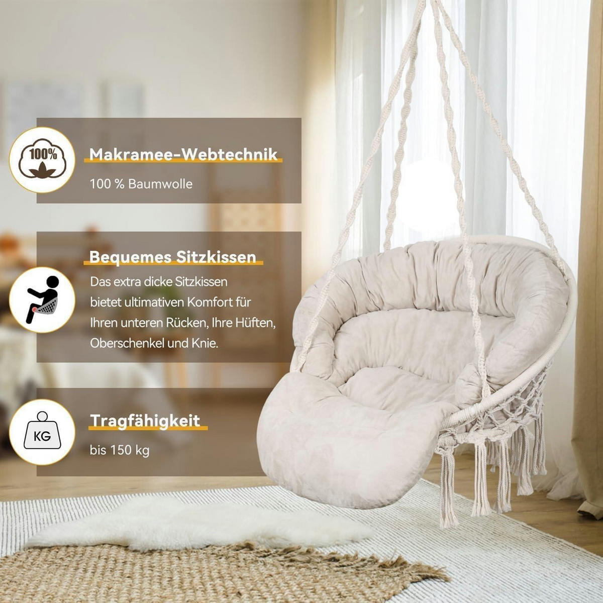 HÄNGESESSEL Makramee Beige mit Kissen bis 150 kg - Beige, Textil (80/1.5/140cm)