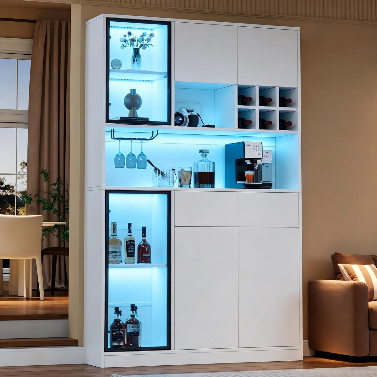 HOCHSCHRANK 120x33x200 cm mit 6 Türen, 2 Schubladen und LED - Weiß, Holzwerkstoff (120/200/33cm) - FLIEKS