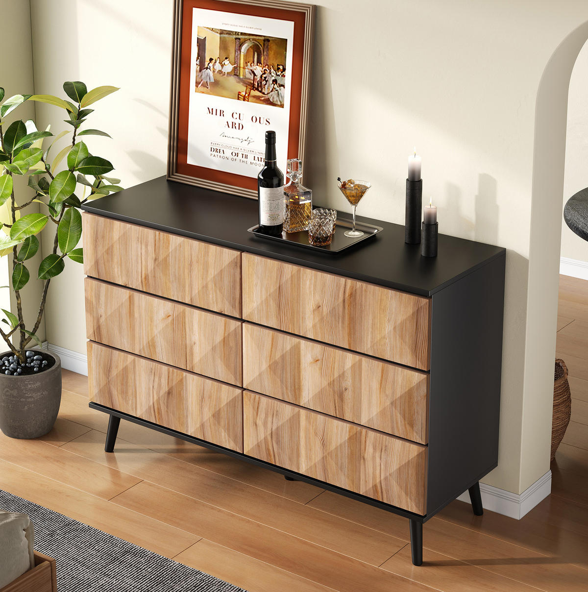 SIDEBOARD aus MDF und Spanplatte 120x40x85 cm Schwarz/Naturholz mit 6 Schubladen - Naturfarben, Holzwerkstoff (40/85/120cm) - IVMEU